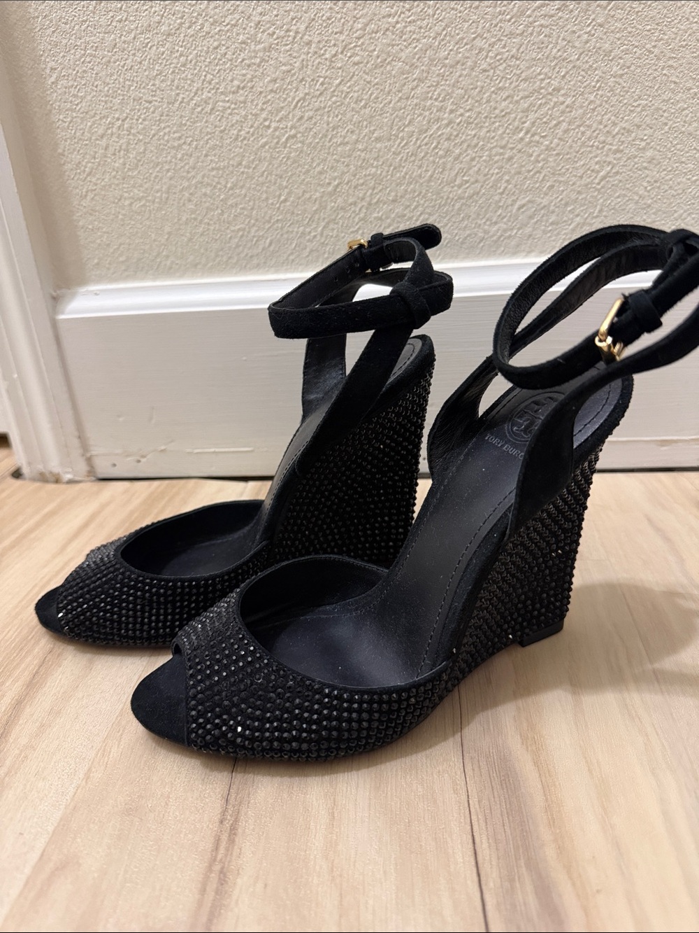 Tory Burch Black Crystal-Studded Wedge Sandals with Ankle Strap
